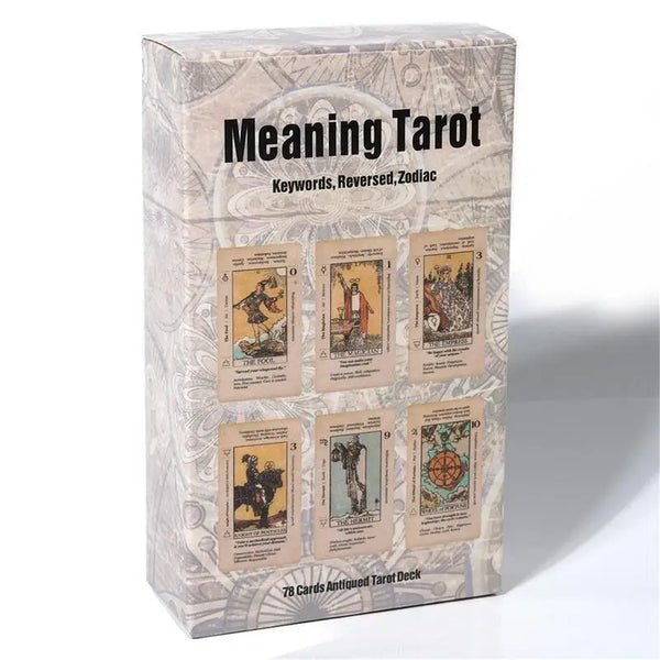 A box of Meaning Tarot Keywords Reversed Zodiac cards for an Antiqued Tarot Deck