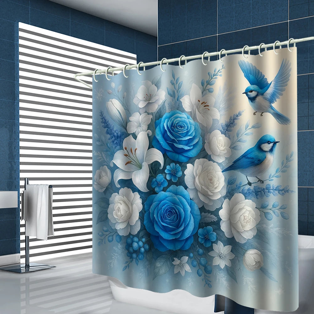 A light blue floral shower curtain featuring blue roses, white flowers, and blue foliage.