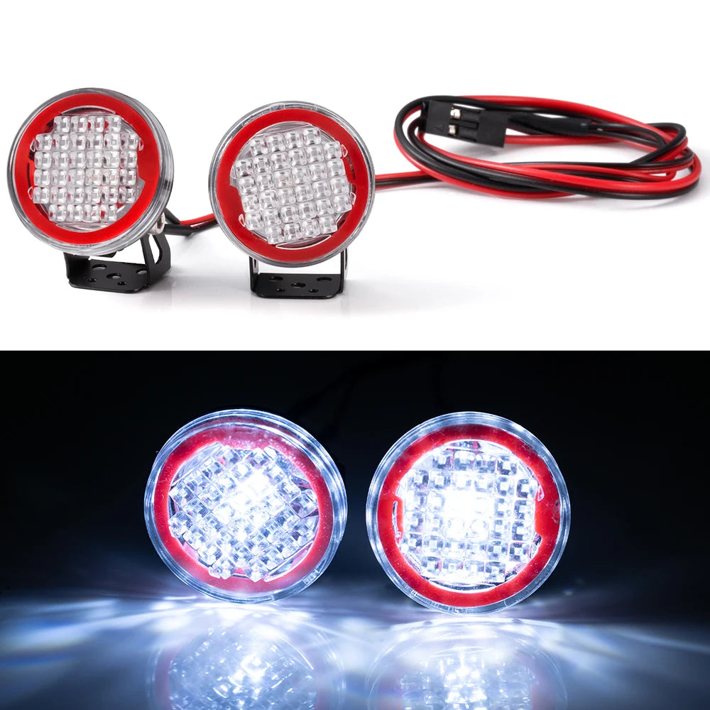 A set of two bright LED spotlights or headlights for RC crawler trucks