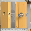 A close-up view showing a door latch mechanism and a wooden door panel, illustrating the application of a door latch tool.