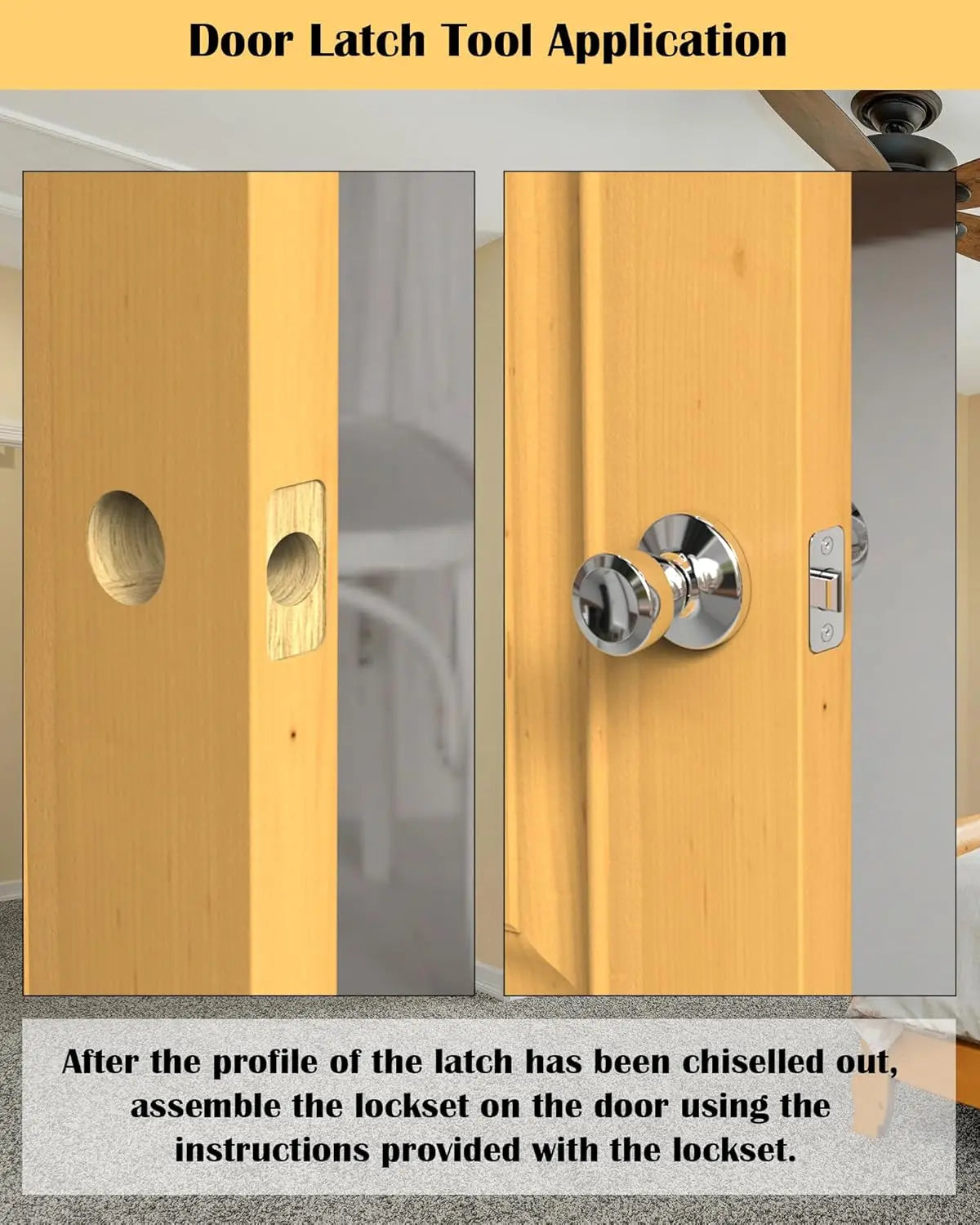 A close-up view showing a door latch mechanism and a wooden door panel, illustrating the application of a door latch tool.