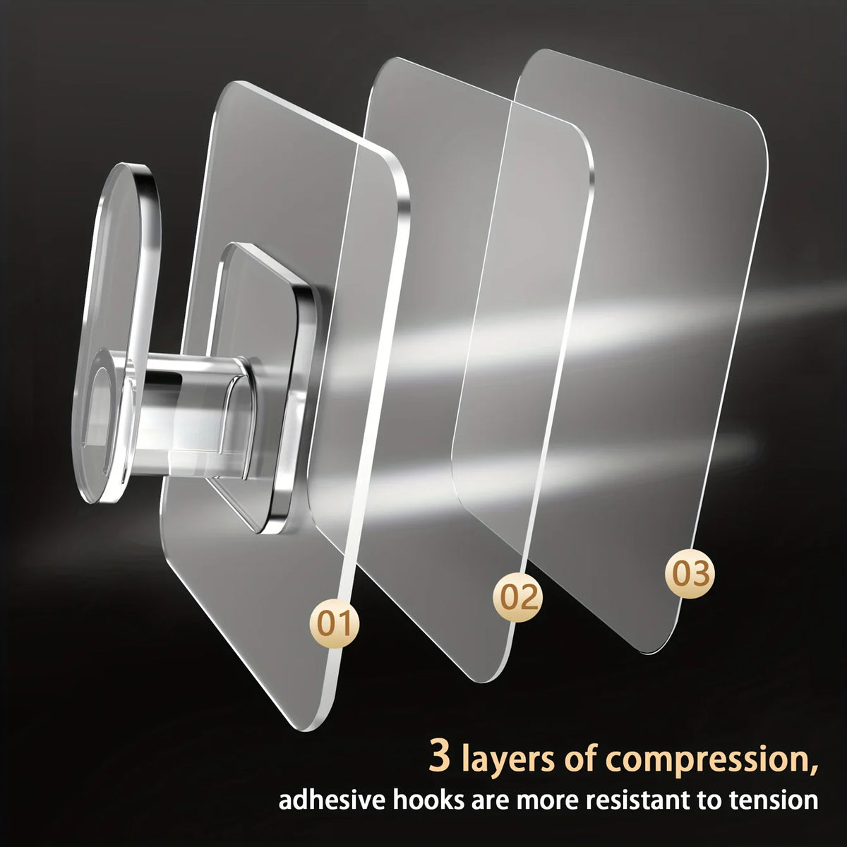 Three layers of compression adhesive hooks demonstrating resistance to tension.