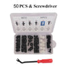 A clear plastic box containing 50 pieces of screwdriver bits and a corresponding installation tool.