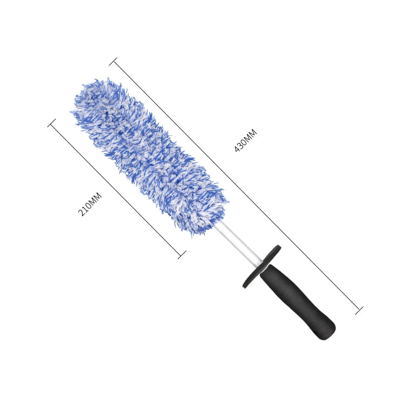 A blue ultra-soft microfiber wheel cleaning brush set with a handle and glove shown against a white background.