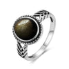 Vintage Sterling Silver Obsidian Ring with Sun and Flower Motif