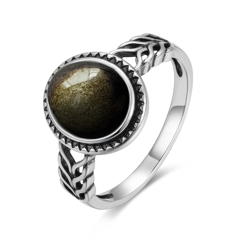 Vintage Sterling Silver Obsidian Ring with Sun and Flower Motif