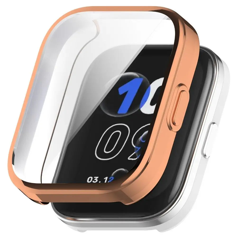 A close-up view of an Amazfit Bip 5 Unity smartwatch with a rose gold TPU protective case.