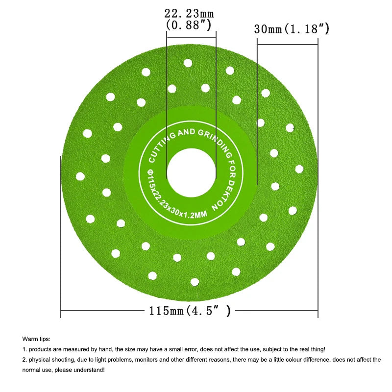 A green diamond cutting and grinding blade with a 115mm diameter and a 30mm thickness.