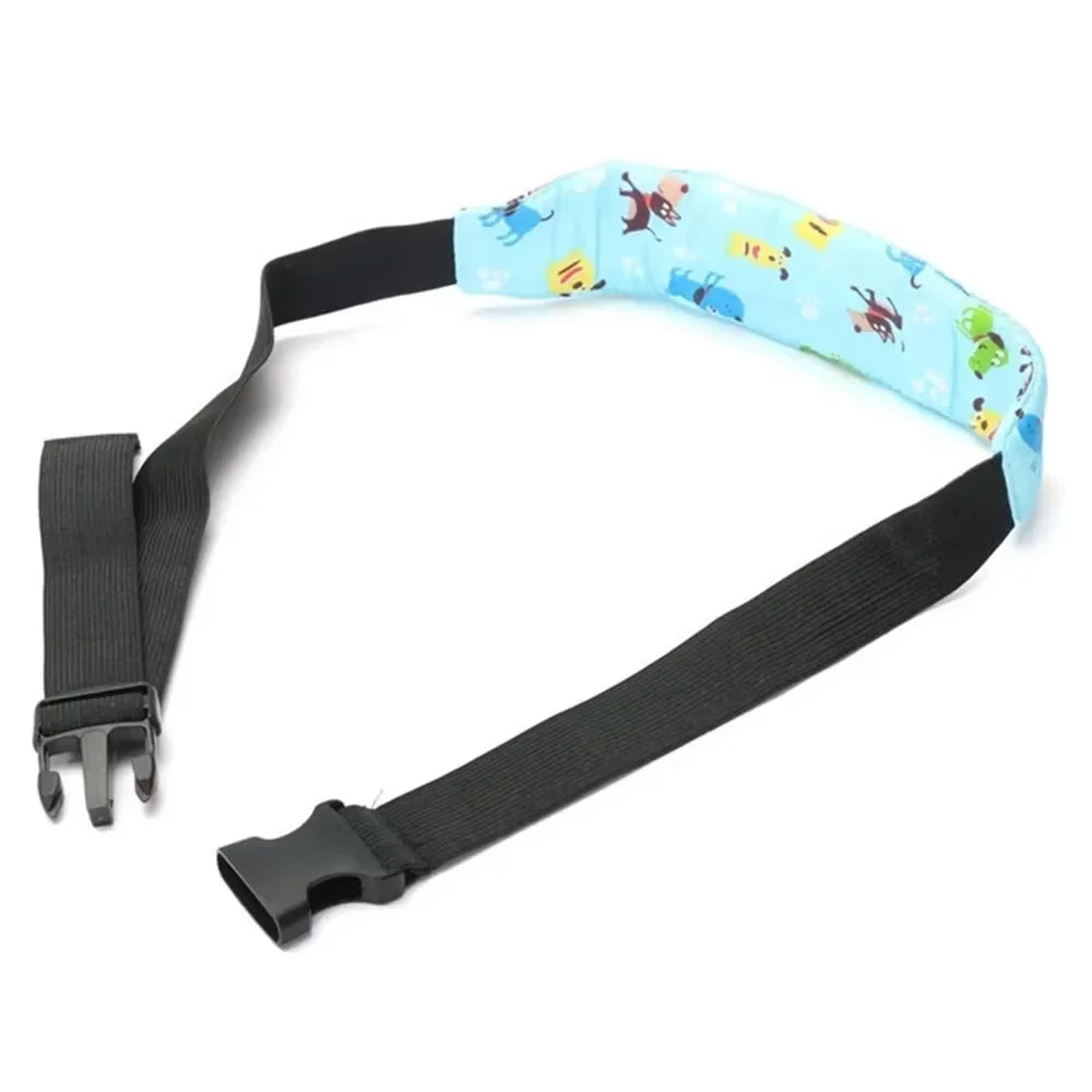 Adjustable baby car seat sleeping headrest with a blue and yellow patterned fabric and black strap.
