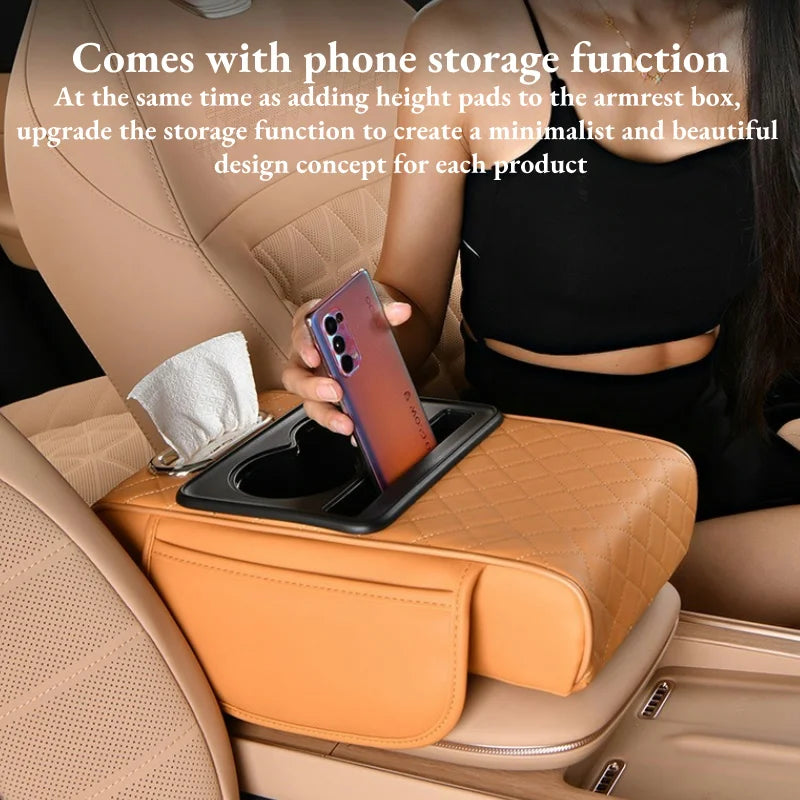 A person is using a car armrest cushion with storage and cup holders, demonstrating its features.