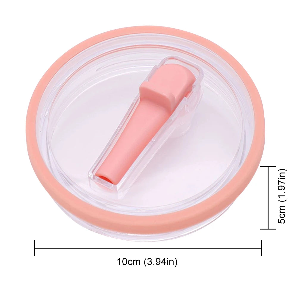 A pink tumbler flip straw lid with a clear plastic container and a 5cm height.