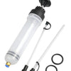 A clear plastic manual fluid transfer syringe pump with a black plunger and a long glass rod for automotive fluid work.