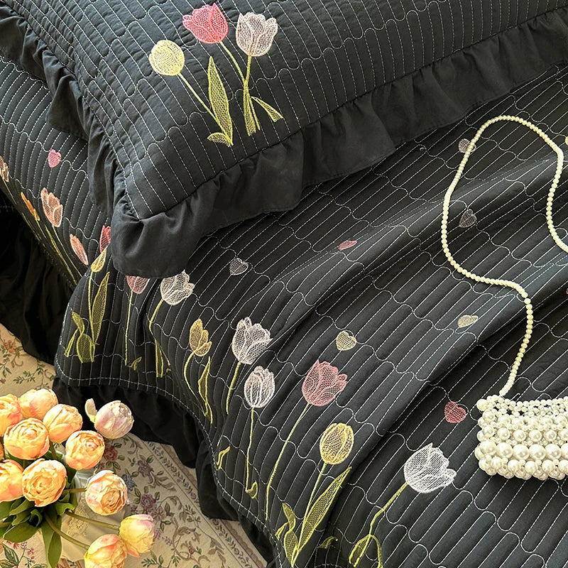 Embroidered Tulip Coverlet Set with Pillow Shams