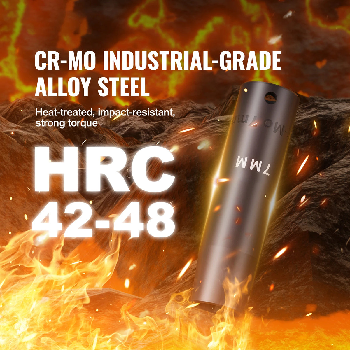 Industrial-grade CR-Mo alloy steel tool with HRC 42-48 hardness rating shown against a fiery background.