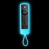 A blue glow-in-the-dark silicone remote cover for a Fire TV Stick, featuring various buttons and a hanging cord.
