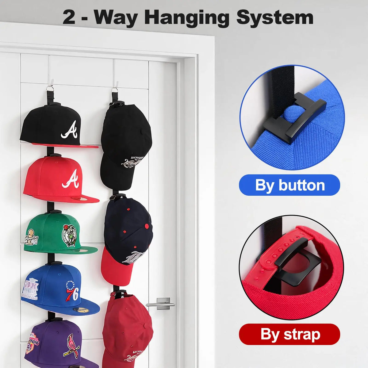 Two-way hanging system showing various colored hats displayed on a white door with button and strap attachments