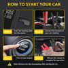 Instructions showing how to start a car using a portable jump starter by inserting a cable and connecting tweezers to the bat