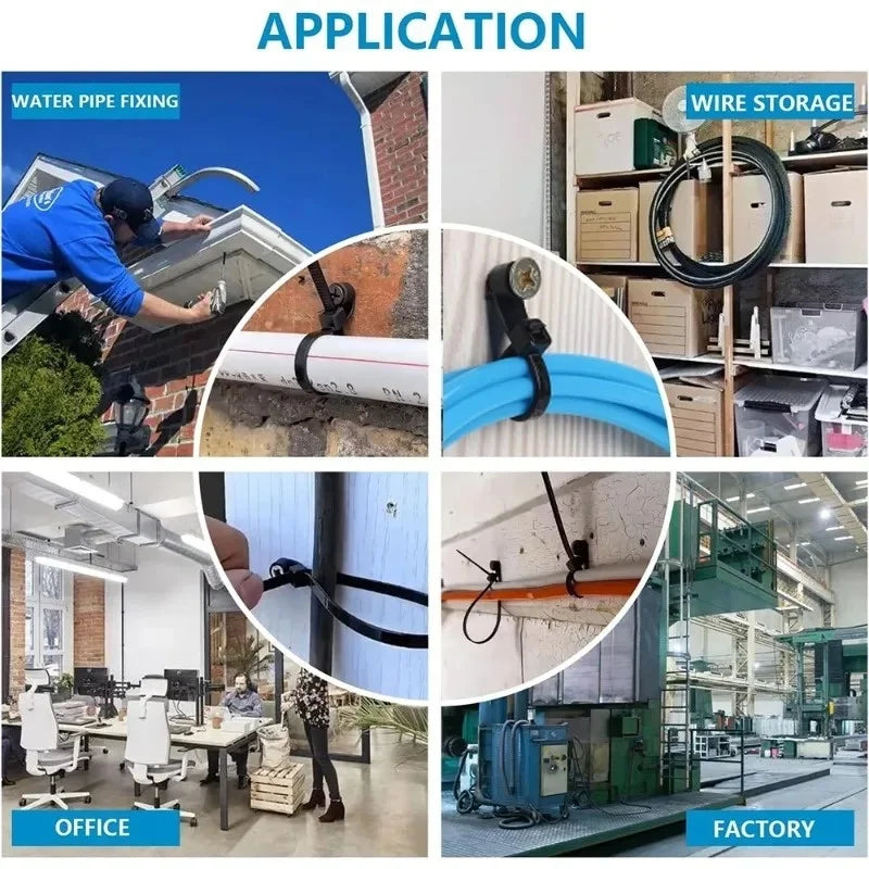 Application photos showing reusable screw-hole cable ties used for water pipe fixing, wire storage, and factory applications.
