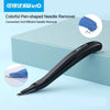 A black pen-shaped needle remover tool with a blue tip is displayed on a light blue background.