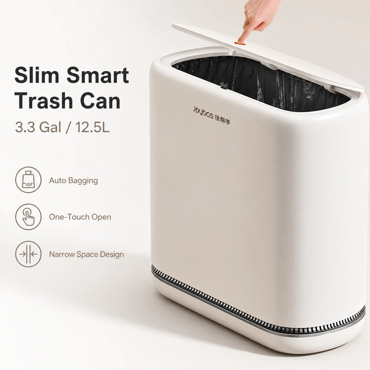 A white slim smart trash can is shown open, highlighting its narrow space design and one-touch opening feature.