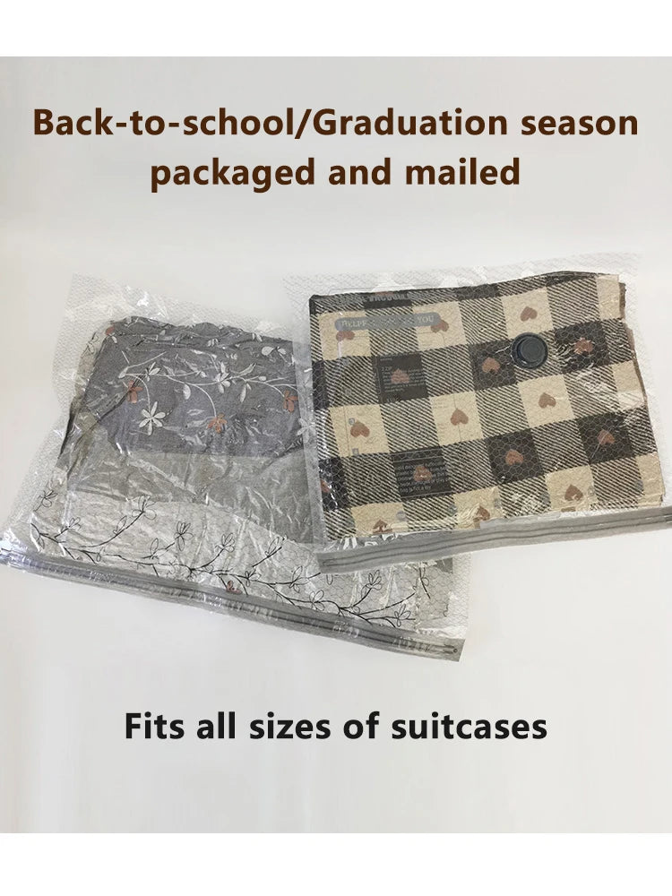Two reusable vacuum compression bags packaged and mailed, designed to fit all sizes of suitcases.