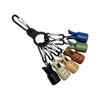 A collection of squid jig protectors and hooks attached to a black carabiner clip