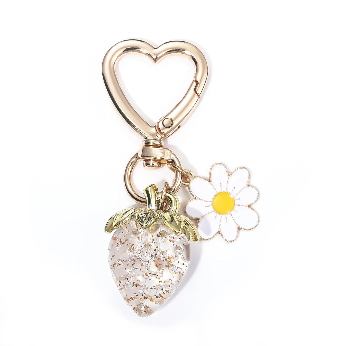 Charm de clé en forme de cœur doré avec une fleur blanche et une perle de fraise transparente