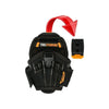 A black heavy duty electrician tool pouch with multiple pockets and a red arrow visible.