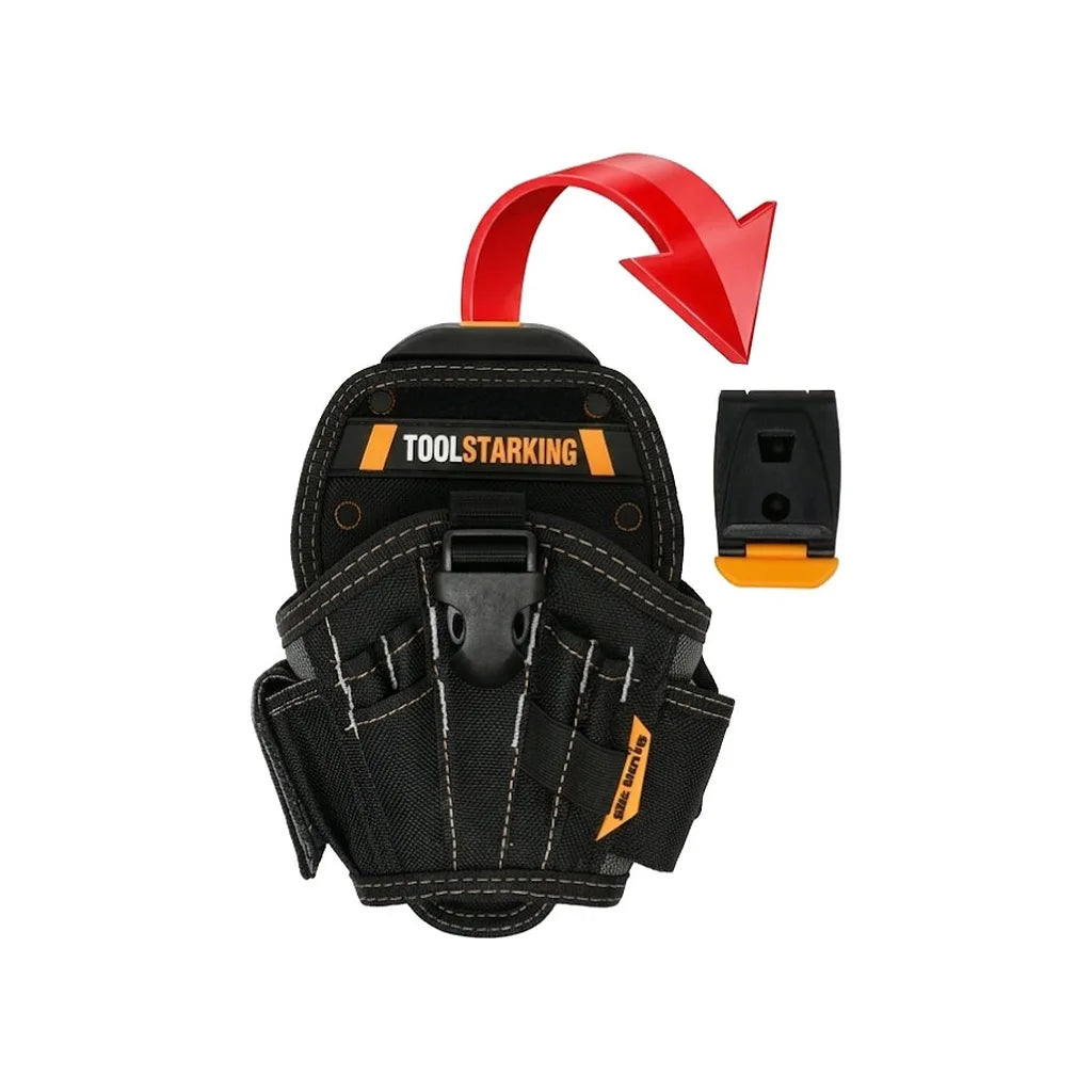 A black heavy duty electrician tool pouch with multiple pockets and a red arrow visible.