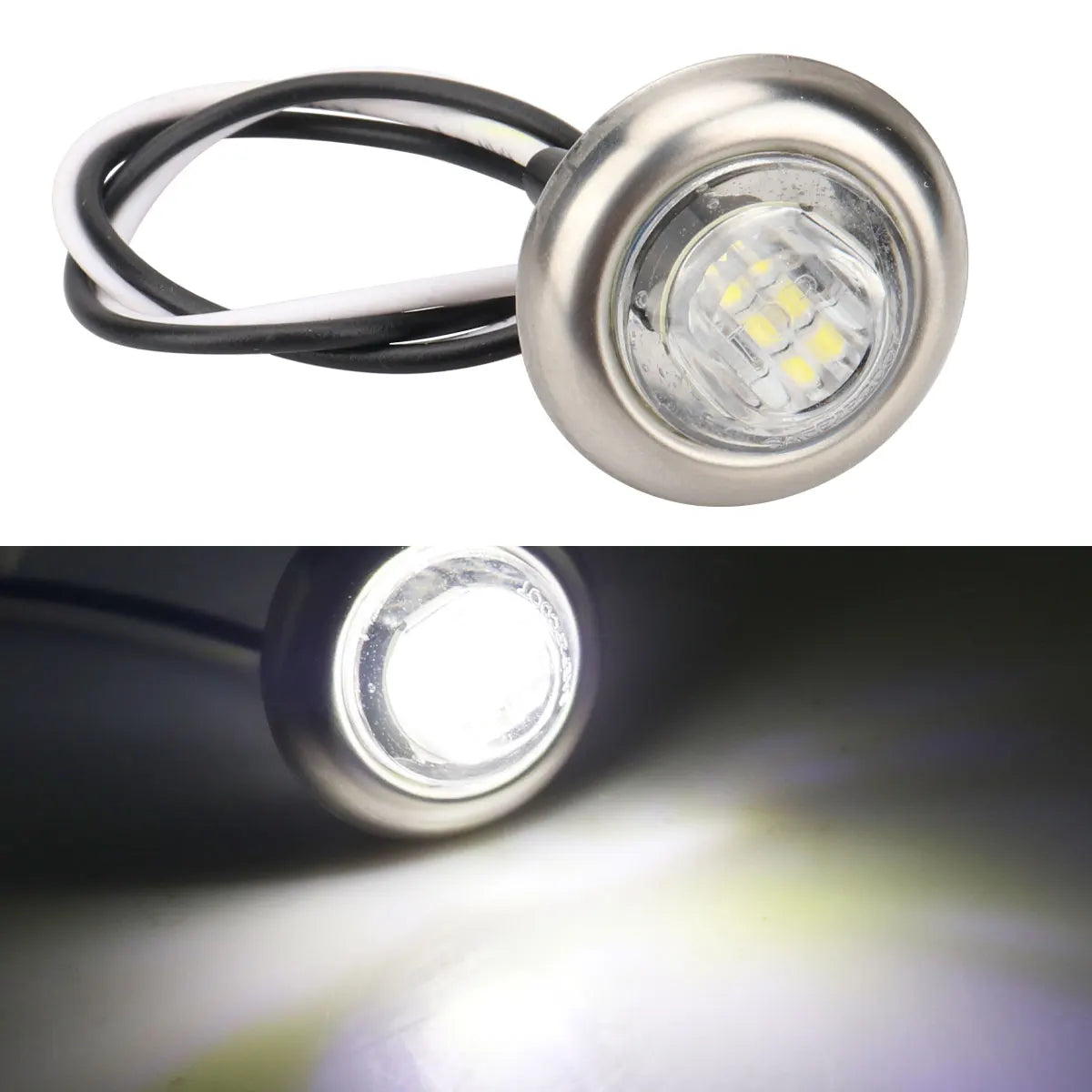 A close-up view of a round LED side marker light assembly with a metal housing and wiring.
