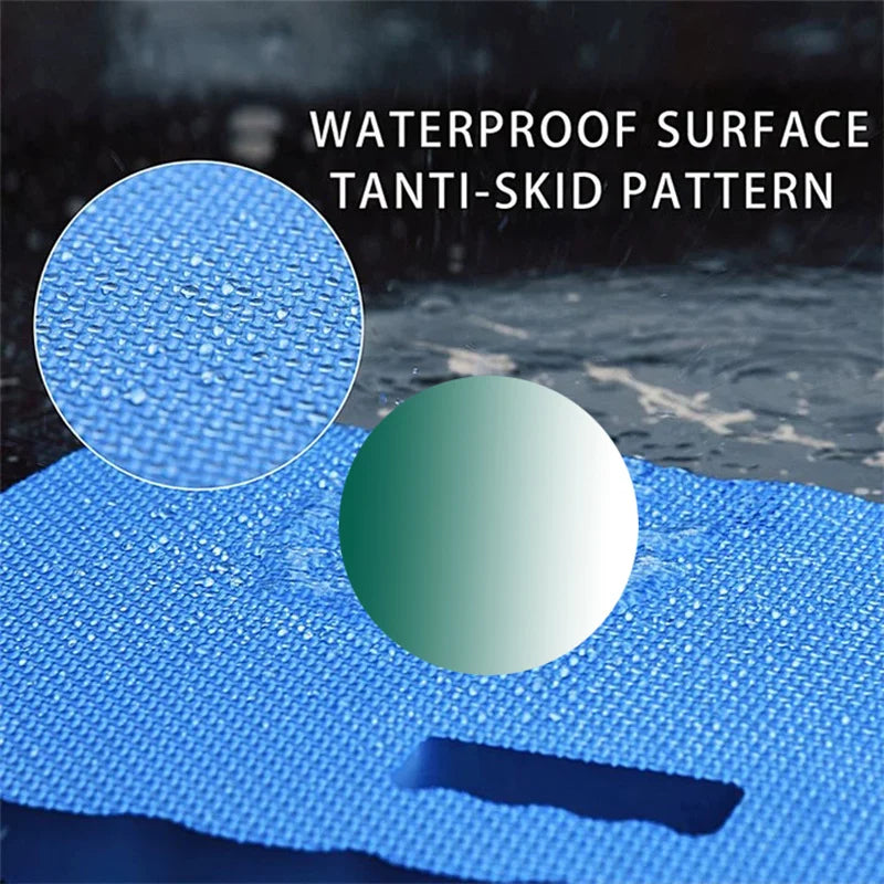 Close-up of a blue foam kneeling pad with a Tanti-skid pattern, showing a circular detail view.