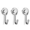 Three heavy duty magnetic hooks with round heads and curved arms for hanging items on metal surfaces