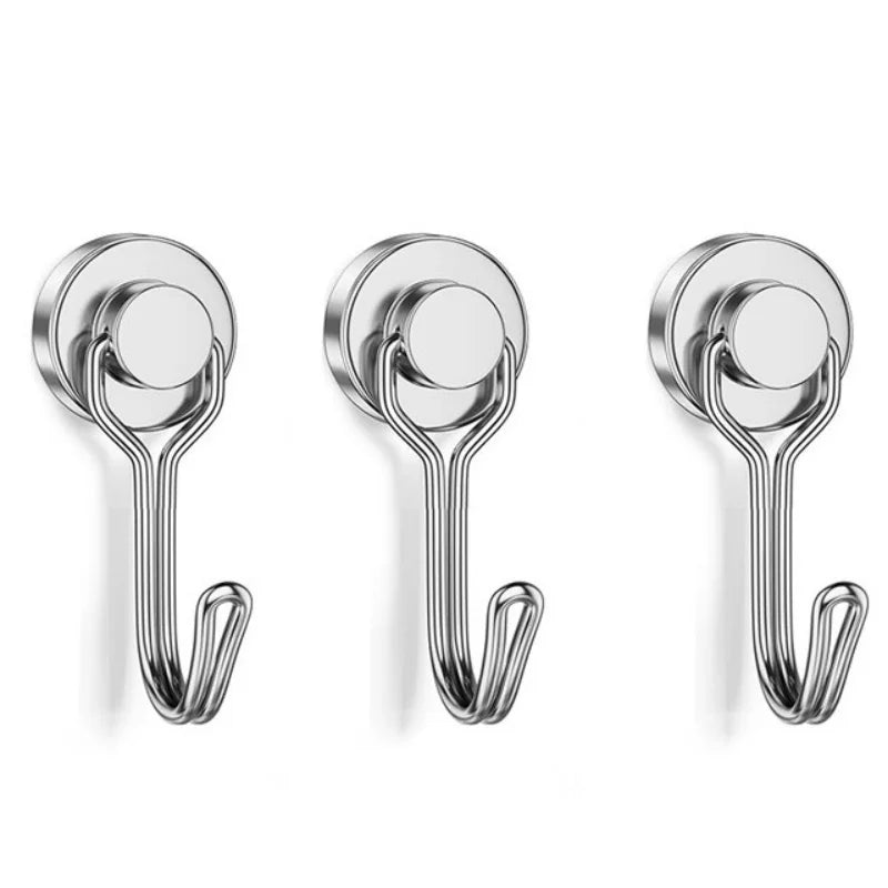 Three heavy duty magnetic hooks with round heads and curved arms for hanging items on metal surfaces