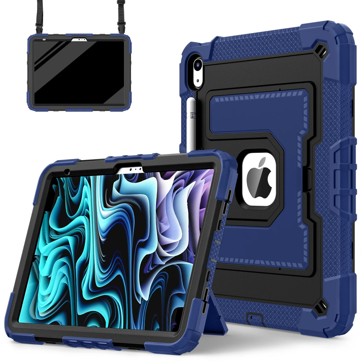 A blue protective case for an iPad, shown with a separate tablet and its case.