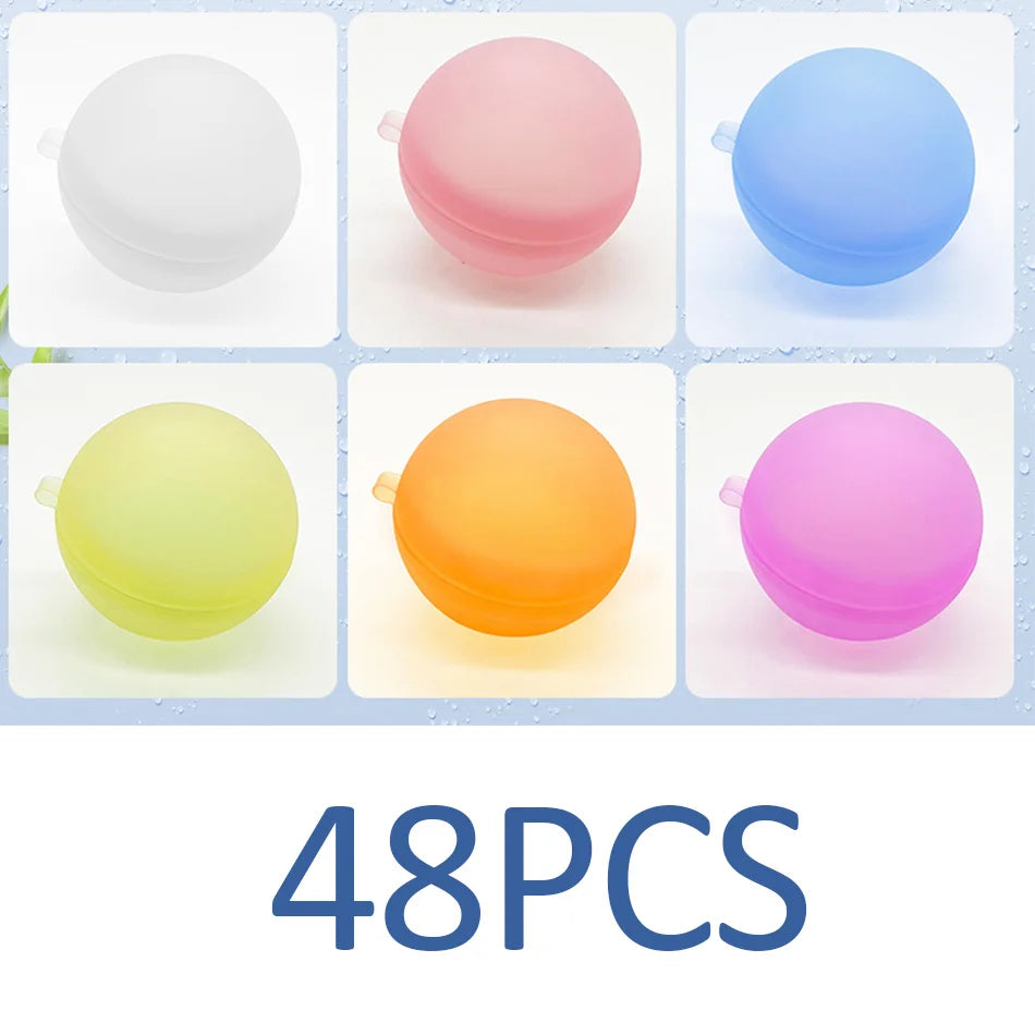 A collection of 8 reusable splash water balloons in various colors including white, pink, blue, yellow, orange, and purple.