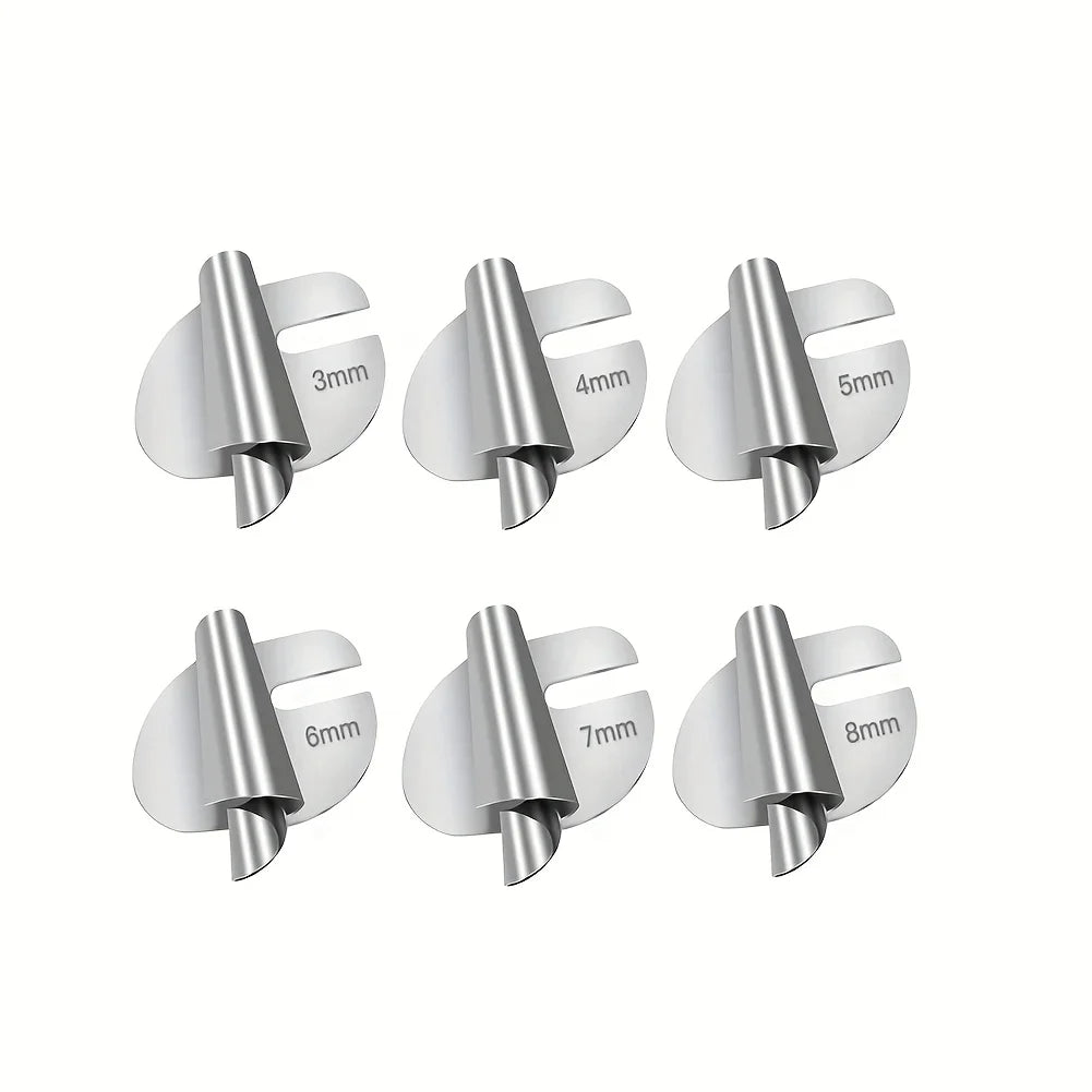 A set of rolled hemmer feet for sewing machines, showing sizes ranging from 3mm to 8mm.