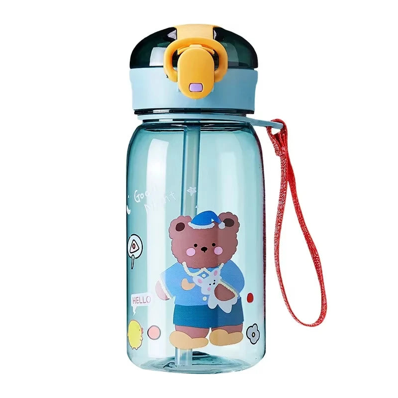 Kids' Teddy Bear Water Bottle with Straw & Carry Strap