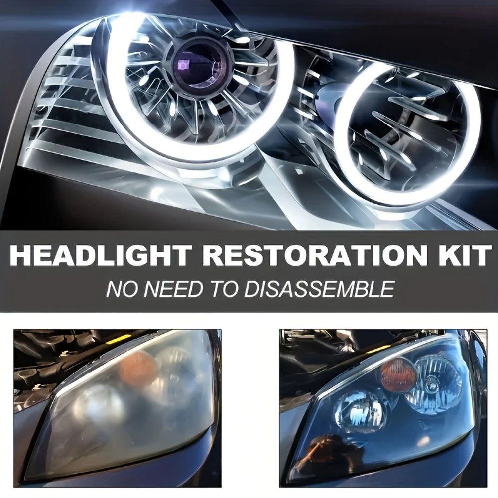 A close-up of a car headlight assembly with a restoration kit applied, showing the clear lens and internal components.
