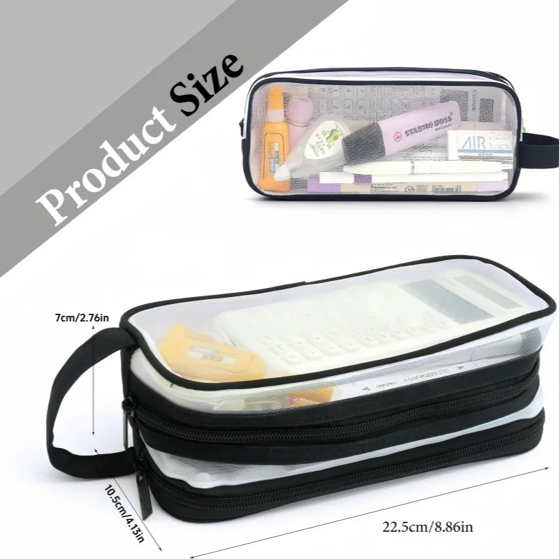 Clear mesh pencil case with multiple compartments for school and office organization