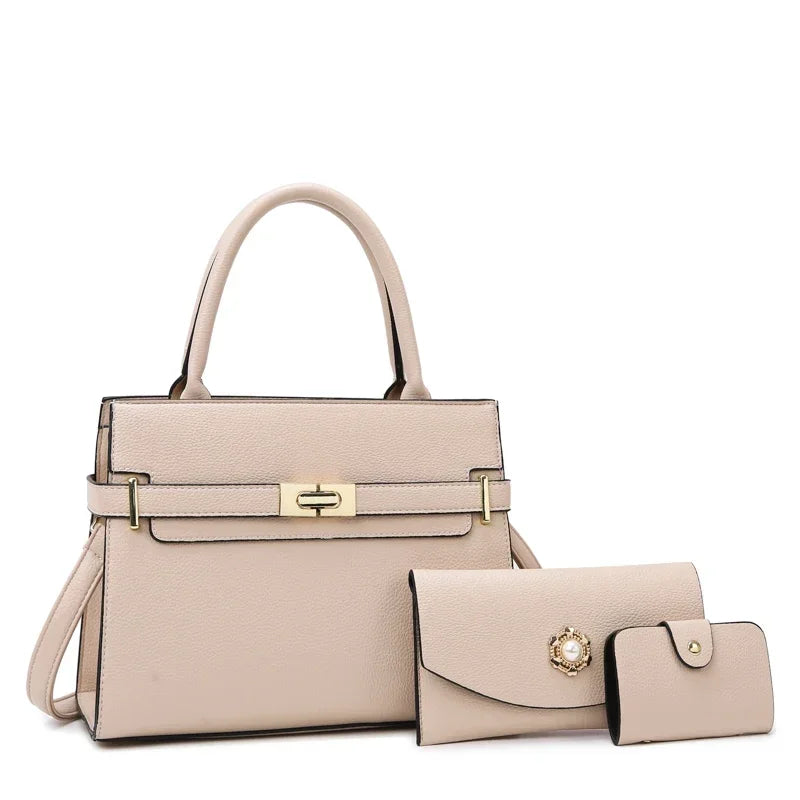 A light beige leather handbag and matching coin purse displayed on a white background.