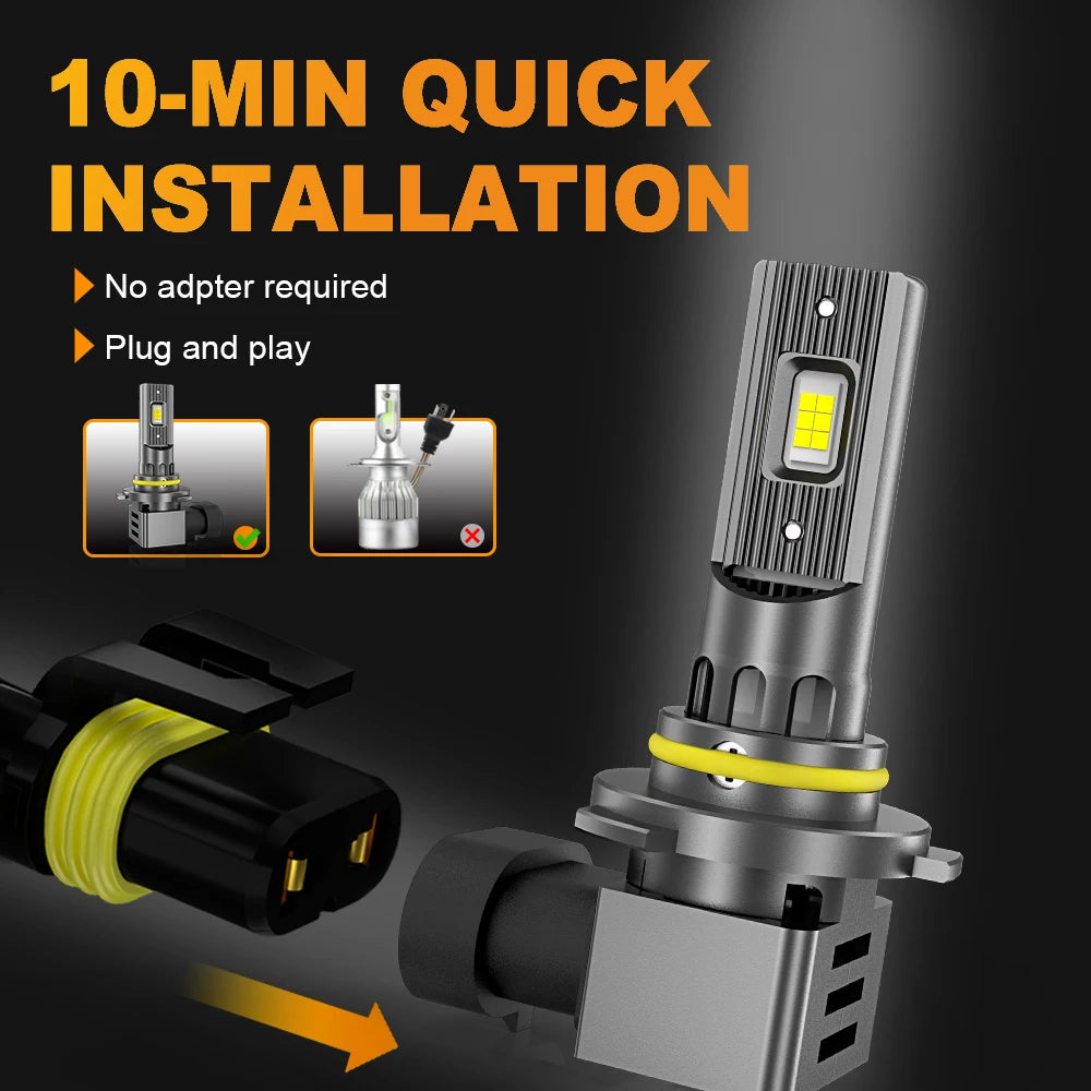 A close-up view of an LED headlight bulb installation kit showing a plug and play connection for quick installation.