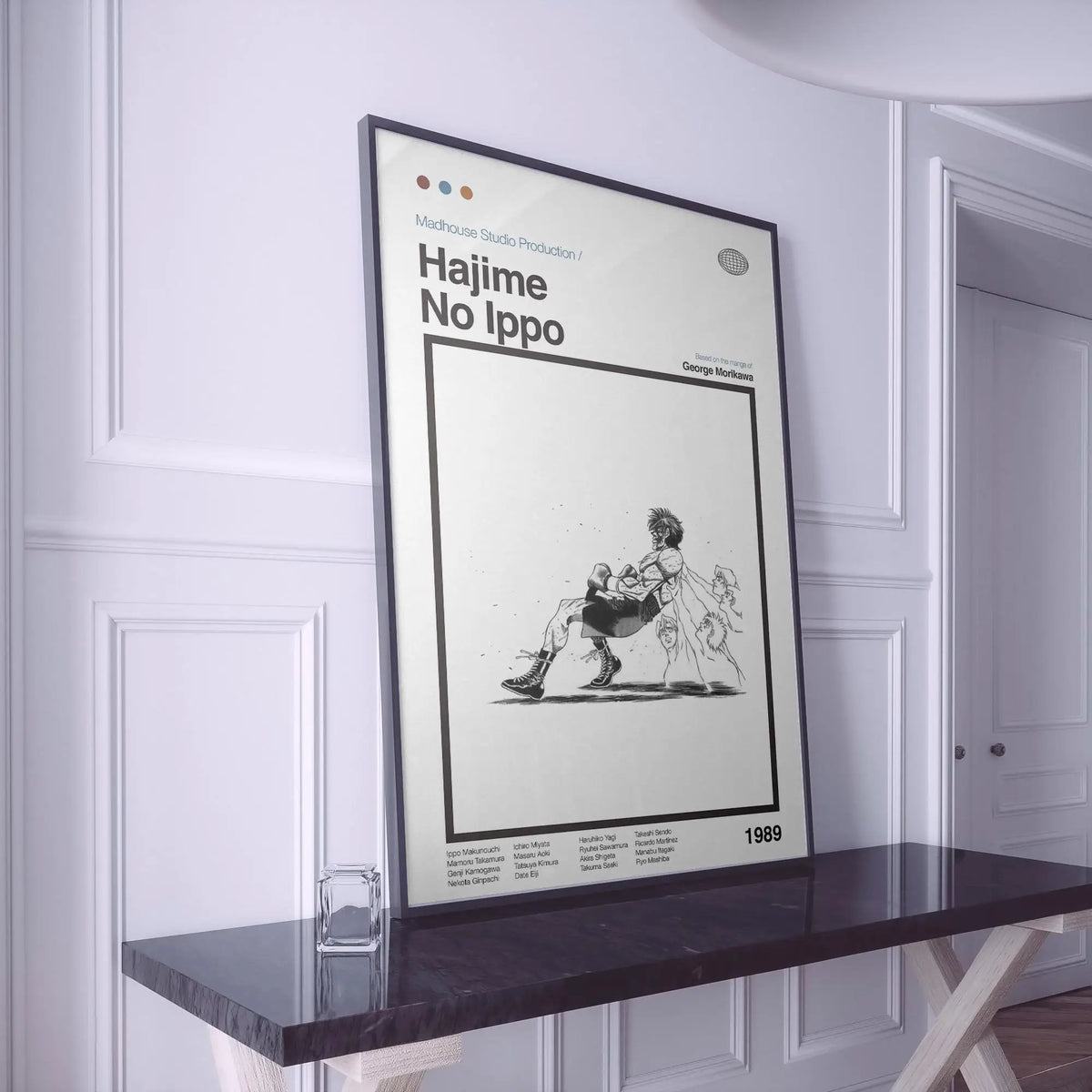 A framed canvas wall art featuring a black and white illustration from the Hajime no Ippo boxing anime, dated 1989.