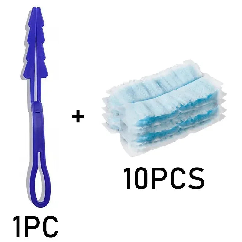 A purple electrostatic dusting tool and ten blue disposable fiber heads for cleaning.