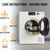 Care instructions for a machine wash showing symbols for cold water, gentle detergent, no bleach, and hang dry.