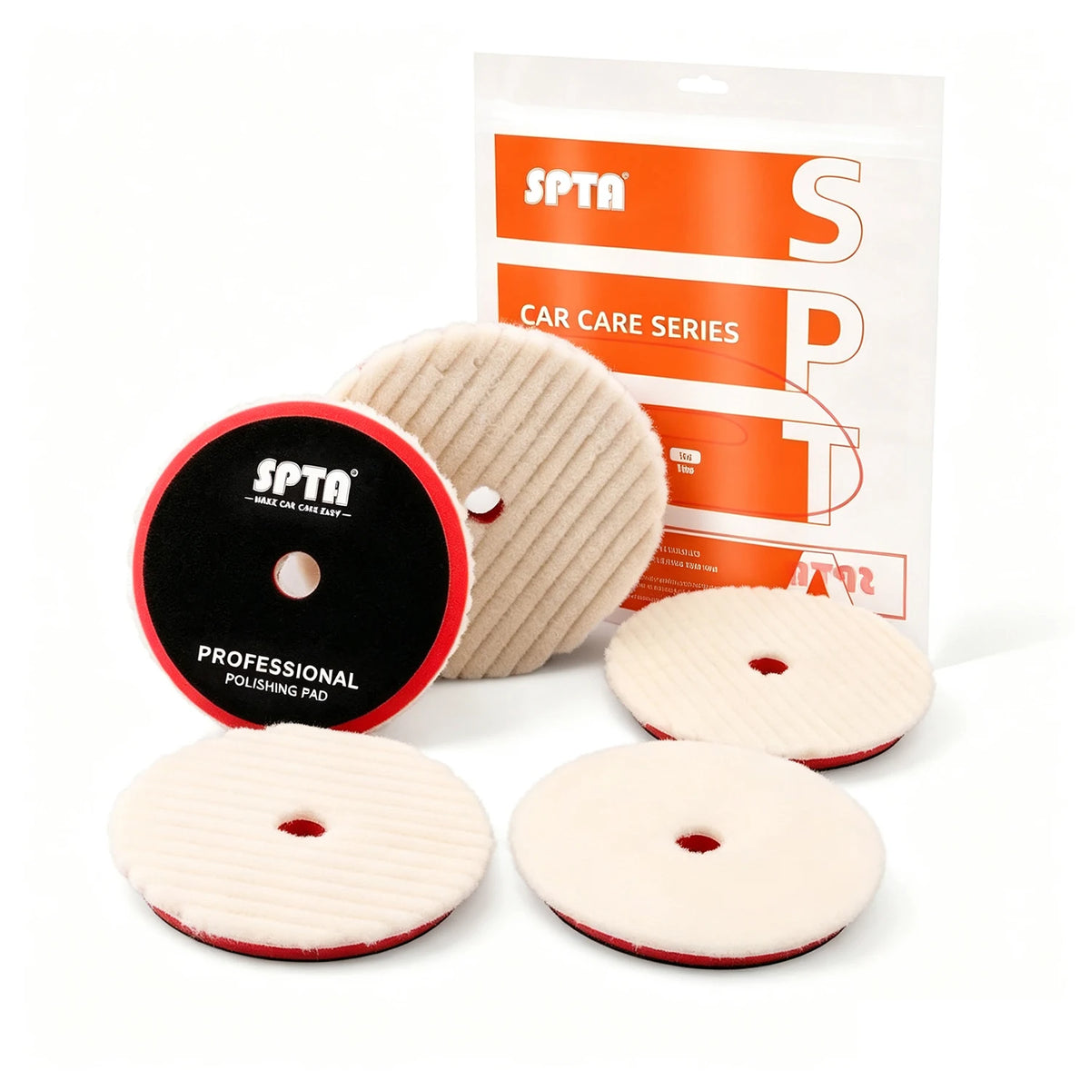 A package of SPTA Car Care Series professional polishing pads, including a black and red pad and several beige sanding pads.