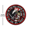 Embroidered patch featuring a knight in armor with a sword and mace, surrounded by text on a black background.
