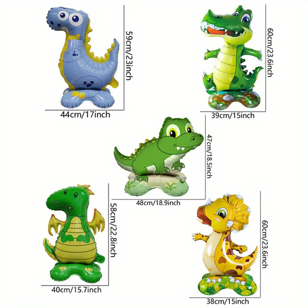 A set of foil balloons shaped like dinosaurs in various colors and sizes for jungle-themed parties.