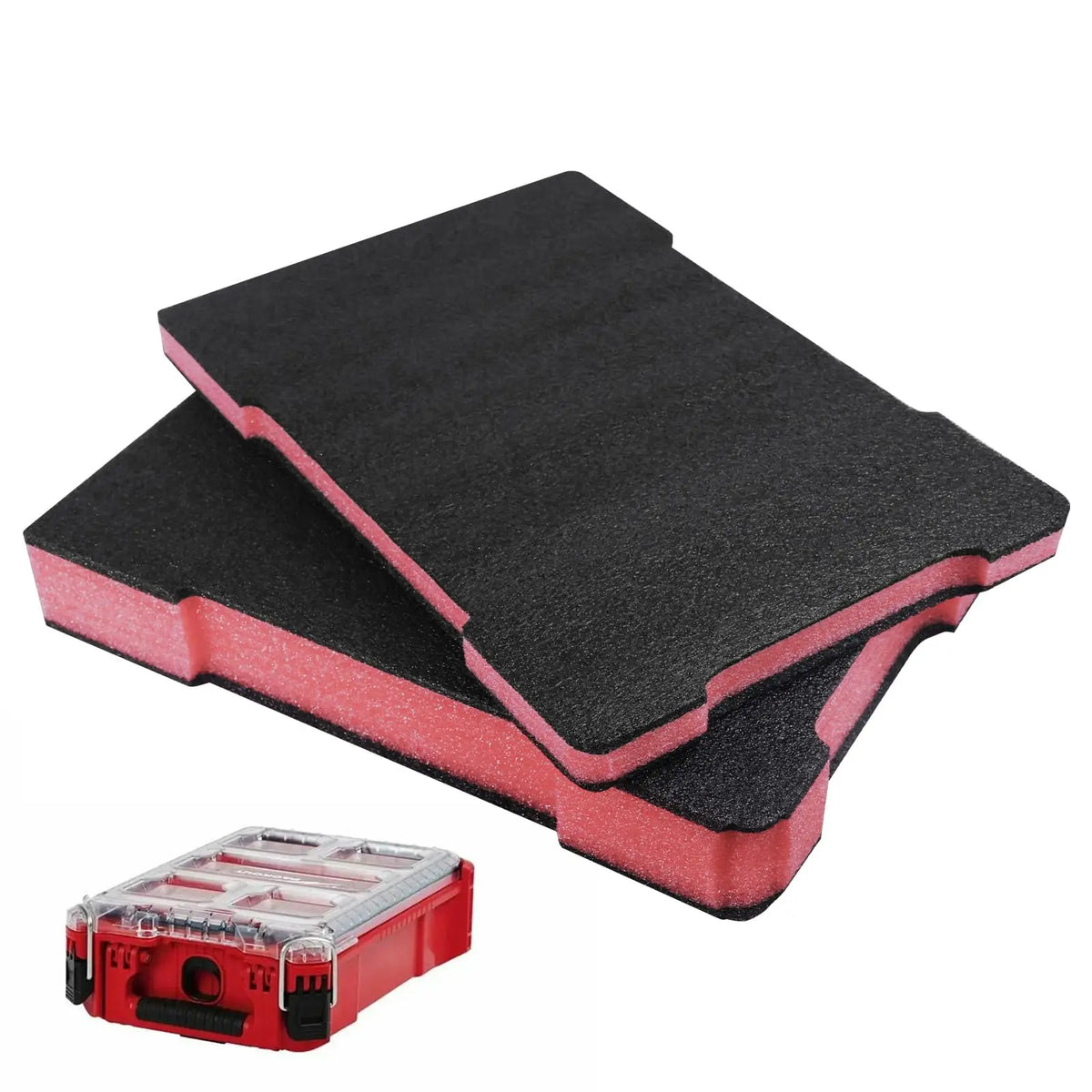 A black foam insert with a pink edge is shown next to a red tool box.