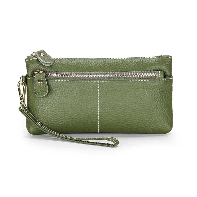 Genuine Cowhide Leather Long Wallet with Zipper Closure