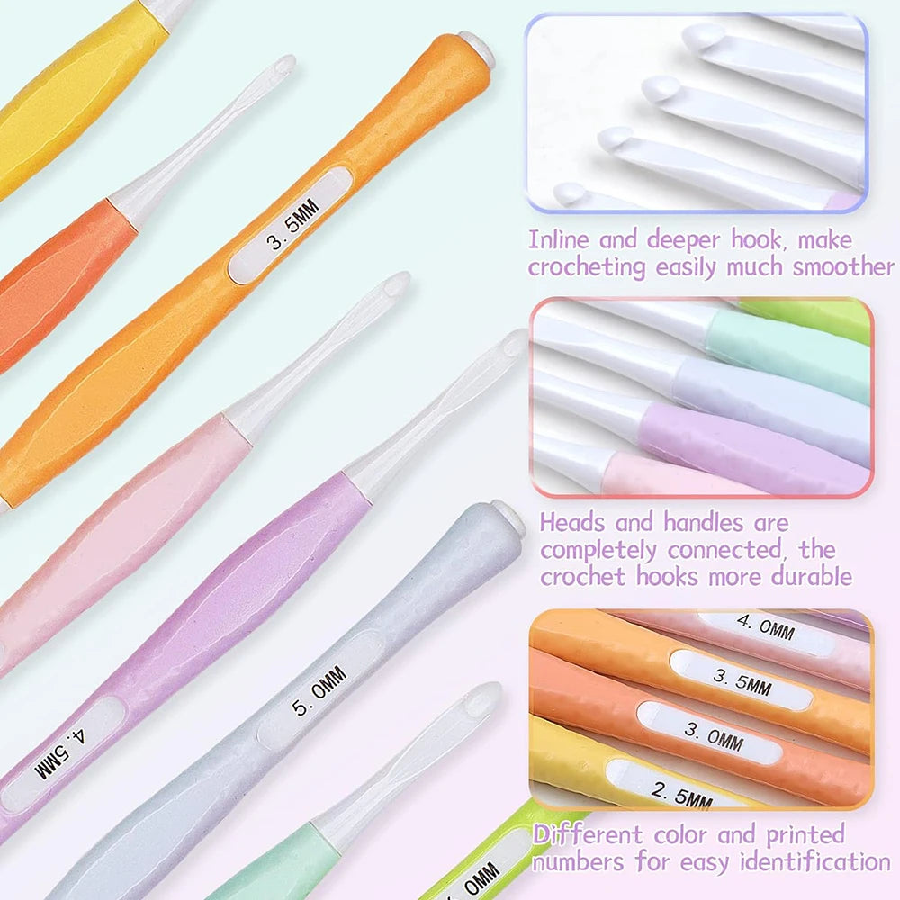 An 8-piece set of ergonomic crochet hooks in various colors and sizes, showing different hook gauges.